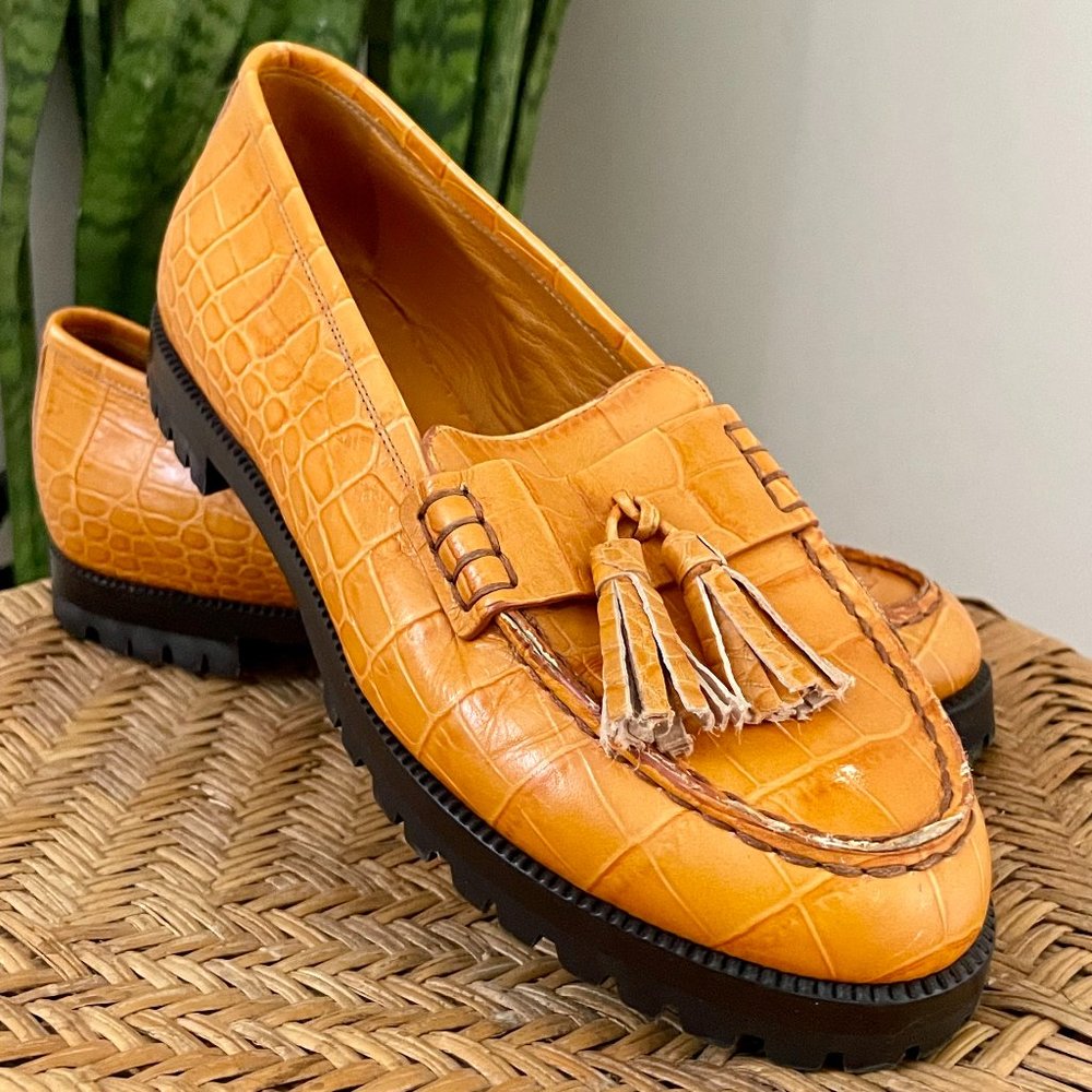 Jenni Kayne Croc Embossed Loafers Tassel Mustard Yellow Italian Leather 36
